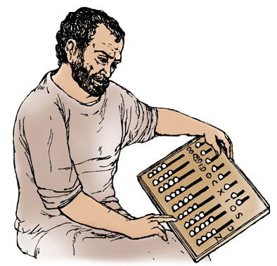 A bearded man in a tunic counting with an abacus.